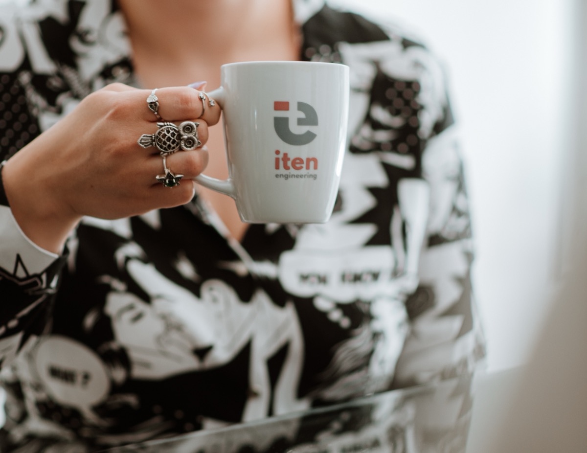 A cup of coffee in an ITEN Engineering mug